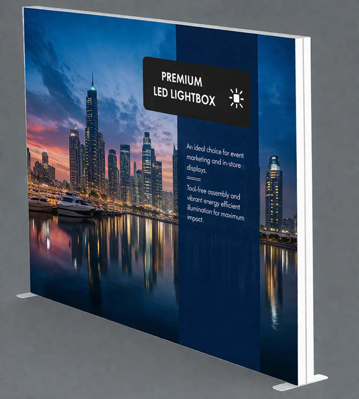 Blue LED lightbox display showing a printed exhibition graphic