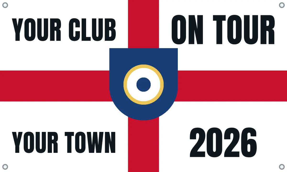 Personalised St George’s football flag with bold block capital corner text, a large centre badge and eyelets.