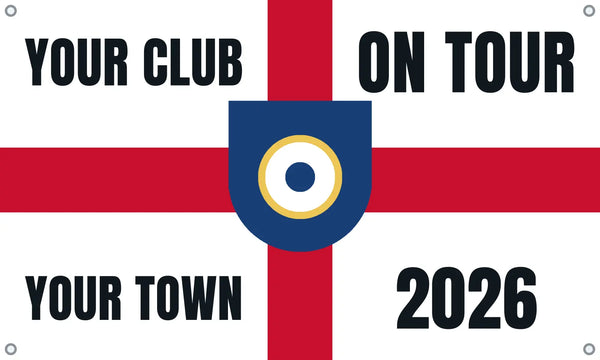 Personalised St George’s football flag with bold block capital corner text, a large centre badge and eyelets.